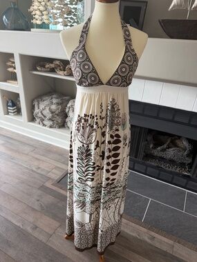 Women’s Halter Maxi Dress in Cream and Brown